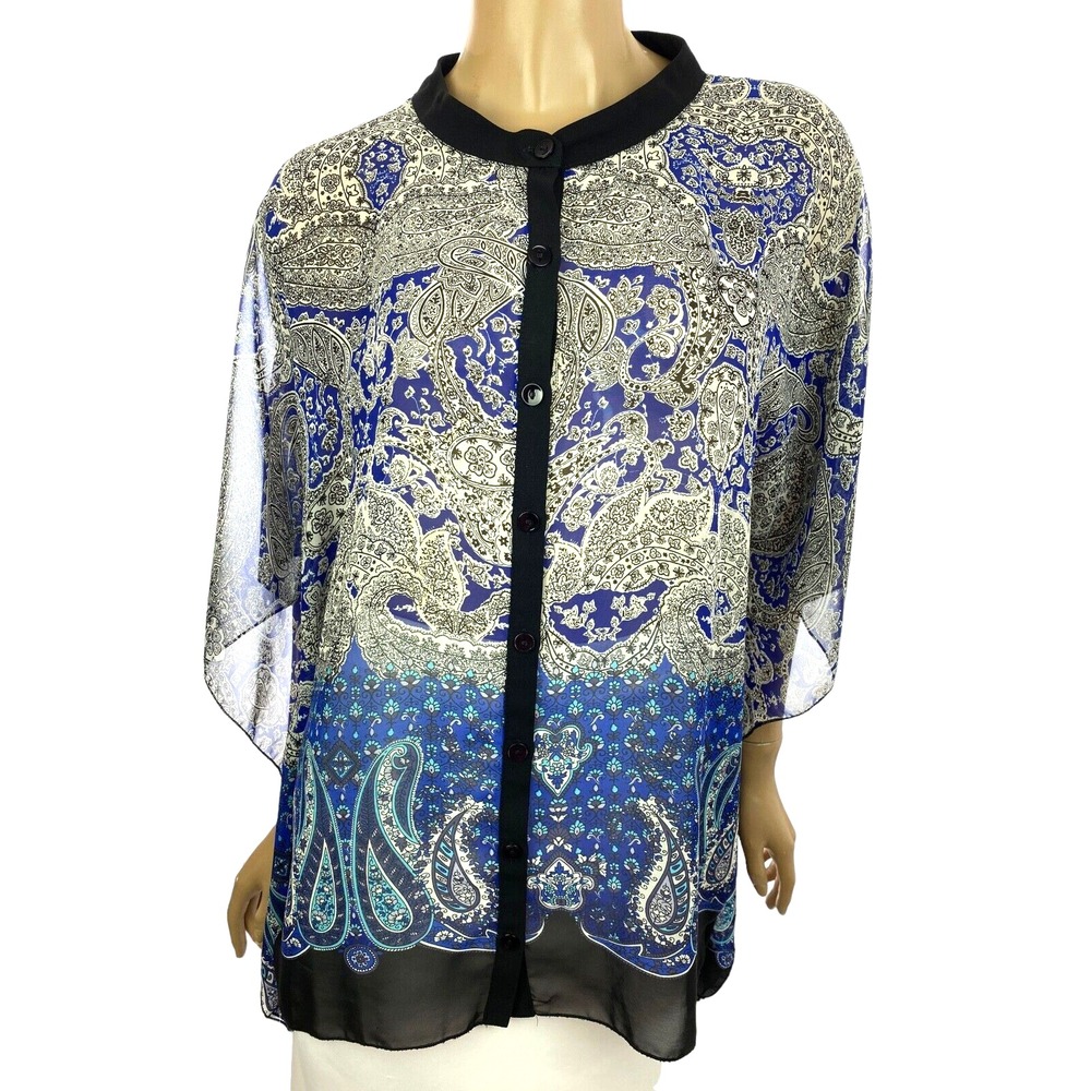 Susan Graver Size L Sheer Komona Style Blouse Gray & Blue Button Front Polyester